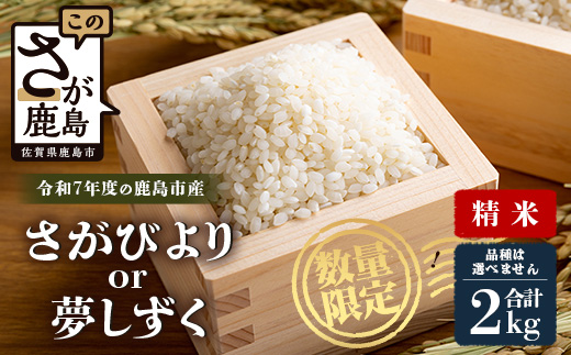 令和7年産 鹿島市産 [さがびより or 夢しずく] 2kg 1袋 【品種指定不可】 精米 白米 小分け 少量 低容量 A-226