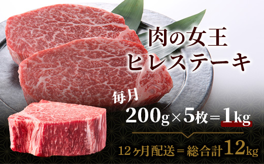 佐賀牛　肉の嬢王ヒレ肉ステーキ用（200g×5枚）　１２回定期便　総重量12kg