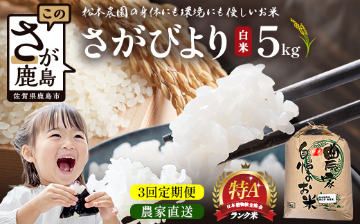 先行受付【3回定期便】令和8年産 新米 さがびより 5kg×3回 計15kg 佐賀県産 特A評価獲得品種 白米 米 お米 こめ 毎月お届け 定期便 佐賀県 鹿島市 F-102