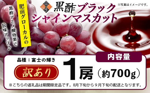 訳あり ブラック シャインマスカット 富士の輝き 1房 700g以上 かねひろ 黒酢【先行予約】【2026年8月下旬～9月下旬発送予定】糖度20～25度 甘くてびっくり！ お試し 家庭用 フルーツ 果物 ぶどう 葡萄 生産者直送 ふるさと 佐賀県 鹿島市 送料無料 B-909