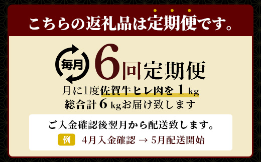 佐賀牛　肉の嬢王ヒレ肉ステーキ用（200ｇ×5枚）　６回定期便　総重量6kg W-7