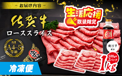 E-158【数量限定】生活応援！限定300セット|【A5A4等級 佐賀牛ローススライス 1kg（500g×2ﾊﾟｯｸ）】高級 ブランド牛 国産黒毛和牛 贅沢グルメ 牛肉 肉 単身 家族 贈答用にも◎ 佐賀県鹿島市 送料無料 