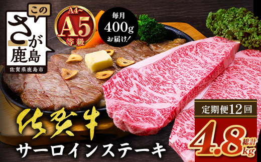 【定期便12カ月配送】＼極上のご褒美肉！／佐賀牛サーロインステーキ 200g×2枚 A5・A4等級 厳選黒毛和牛 とろける霜降り 高級ステーキ 贈答・ギフト対応可 国産牛 定期便 12カ月 佐賀県鹿島市 送料無料　V-71