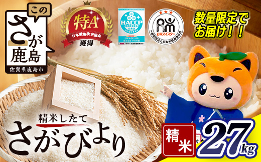 さがびより 令和7年産 佐賀県産 白米 27kg（30kgの玄米を精米した重量) お米マイスターセレクト！ E-73 |米 お米 九州 精米 国産 九州産 鹿島市