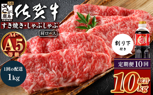 【定期便10カ月配送】＼とろける佐賀牛／【佐賀牛肩ローススライス1kg（500g×2パック）】小分けで便利 ブランド牛 霜降り 極上 高級肉 贅沢 すき焼き しゃぶしゃぶ 鍋 大容量 肉の甘み 柔らかい ギフトにも最適 定期便 10カ月 お中元 お歳暮　V-70