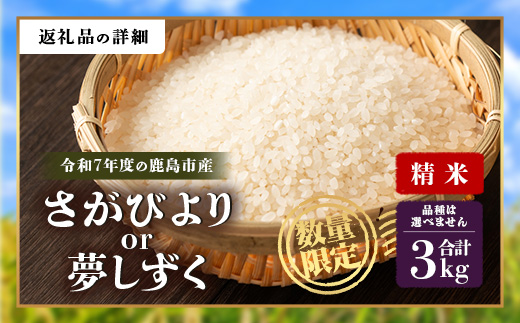 令和7年産 鹿島市産 [さがびより or 夢しずく] 3kg 1袋 【品種指定不可】 精米 白米 小分け 少量 低容量 B-889