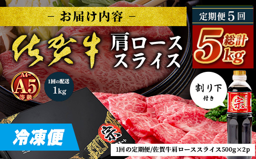 【定期便5カ月配送】＼とろける佐賀牛／【佐賀牛肩ローススライス1kg（500g×2パック）】小分けで便利 ブランド牛 霜降り 極上 高級肉 贅沢 すき焼き しゃぶしゃぶ 鍋 大容量 肉の甘み 柔らかい ギフトにも最適 定期便 5カ月 お中元 お歳暮　Q-6