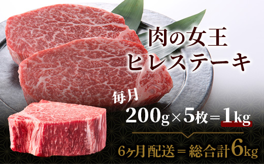 佐賀牛　肉の嬢王ヒレ肉ステーキ用（200ｇ×5枚）　６回定期便　総重量6kg W-7