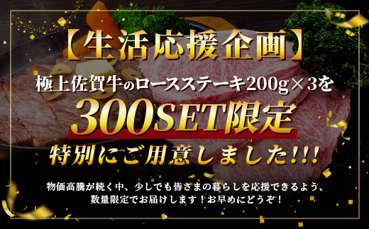 D-238 生活応援！限定300セット【A5A4等級 佐賀牛ロースステーキ200g×3枚】高級 ブランド牛 国産黒毛和牛 厚切り 贅沢グルメ 牛肉 肉 単身 家族 贈答用にも◎ 佐賀県鹿島市 送料無料