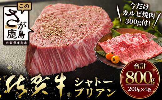 佐賀牛 最高級部位『シャトーブリアン』800g(200g×4枚)+今だけ!! 佐賀牛 カルビ焼き肉用300g 佐賀県鹿島市