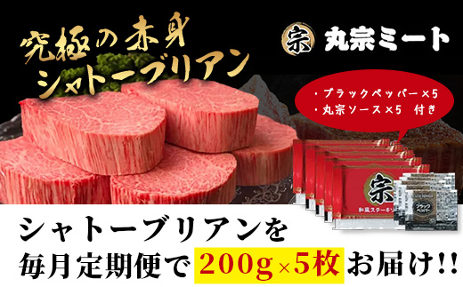 【定期便3カ月配送】佐賀牛ヒレシャトーブリアン200g×5枚 | 最高級 佐賀牛の最高峰 肉の芸術 五感で味わう極上肉 シャトーブリアン 肉 牛肉 高級肉 国産 定期便 3ヵ月 佐賀県 鹿島市 人気 送料無料　W-13