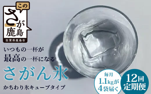 定期便 (12回定期便) さがん氷 かちわり氷 キューブタイプ 1.1kg×4袋×12回 L-56 藤津製氷 こおり 氷 ロック アイス 佐賀 鹿島 九州