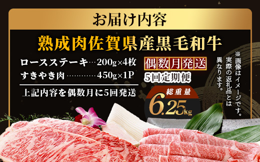 W-2  【熟成肉『堪能』コース５回定期便】佐賀県産黒毛和牛 ロースステーキ＆すきやき肉