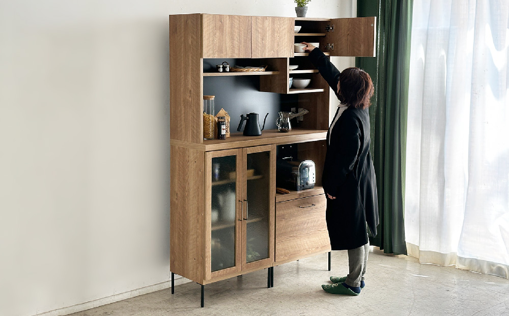 【東馬家具】TMフォカス 120OP収納+ガラス扉+オープン引出+脚2セット【収納棚 シャビー調 木目 おしゃれ 飾り棚 完成品 脚・取っ手のみ取付】(H060630)