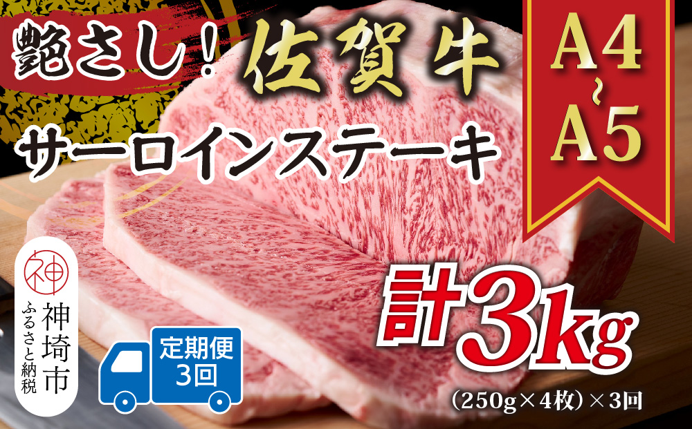 【3か月定期便】艶さし！【A4〜A5】佐賀牛サーロインステーキ 1kg(250g×4枚)×3回【肉 牛肉 ブランド牛 黒毛和牛 ステーキ肉 ふるさと納税】(H112196)