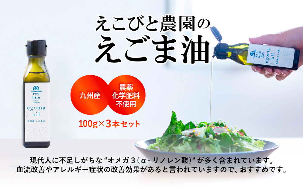 九州産えごま油 100g×3本セット 【えこびと 農園 九州産 国産 無添加 生搾り 栽培期間中無農薬 自社製造 えごま αリノレン酸】(H037103)