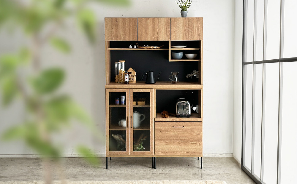 【東馬家具】TMフォカス 120OP収納+ガラス扉+オープン引出+脚2セット【収納棚 シャビー調 木目 おしゃれ 飾り棚 完成品 脚・取っ手のみ取付】(H060630)