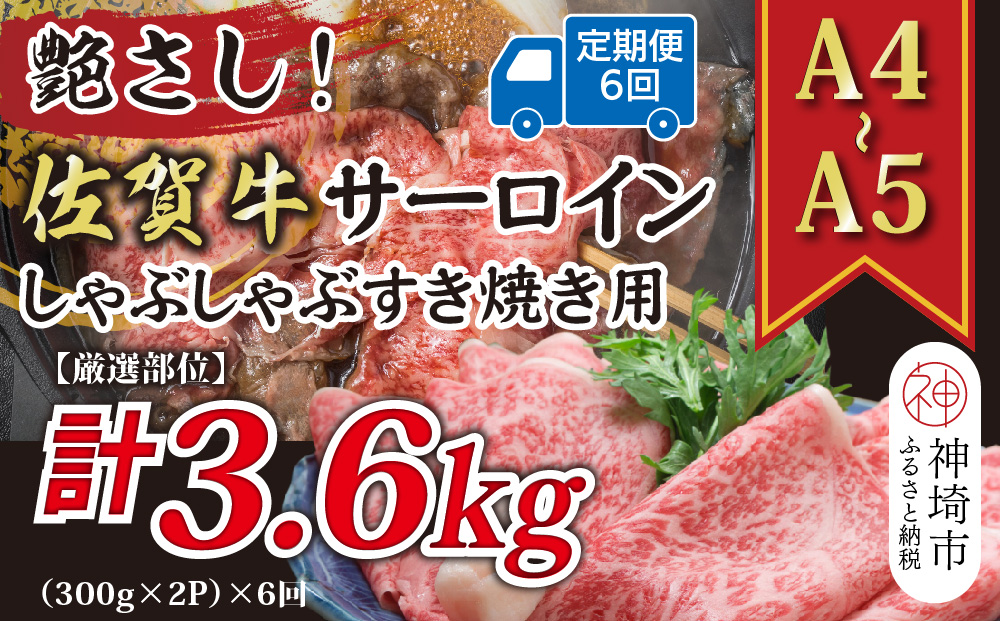 【6か月定期便】艶さし！【厳選部位】【A4〜A5】佐賀牛サーロインしゃぶしゃぶすき焼き用 600g(300g×2P)×6回【肉 牛肉 ブランド牛 黒毛和牛 お祝い ご褒美 ふるさと納税】(H112206)