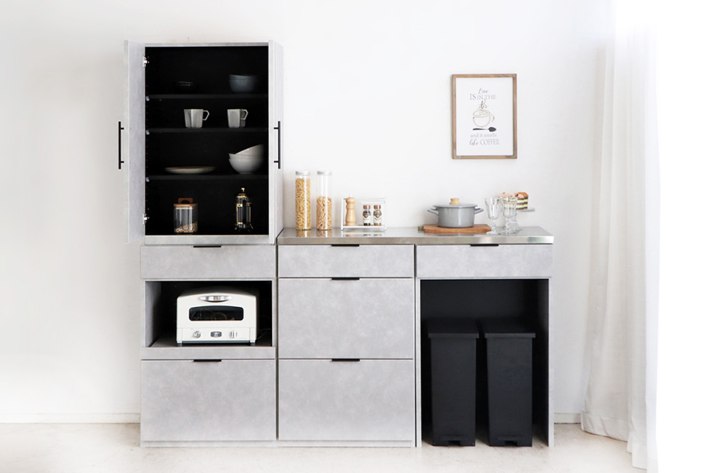 【東馬家具】モルタ_板戸+60ダスト引出+60チェスト+60OP引出+120天板ステン【キッチンカウンター キッチン リビング 収納 国産 シンプル ふるさと納税】(H060687)