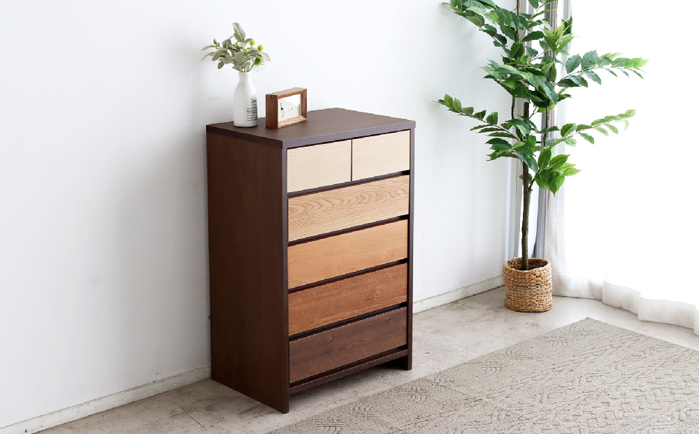 【東馬家具】カンザス 60チェスト BR【木目 天然素材 6段 グラデーション 収納力 上質 棚 完成品】(H060634)
