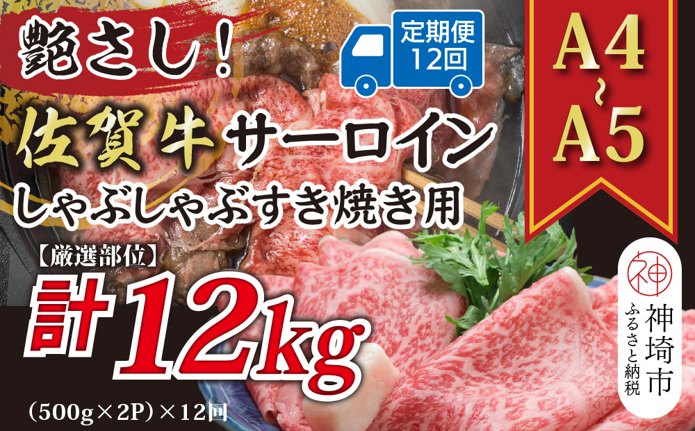 【12か月定期便】【厳選部位】【A4〜A5】佐賀牛サーロインしゃぶしゃぶすき焼き用 1kg(500g×2P)×12回【肉 牛肉 ブランド牛 黒毛和牛 お祝い ご褒美 ふるさと納税】(H112210)