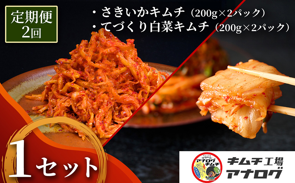 【2カ月定期便】人気2種の本格キムチ 白菜＆さきいかセット(各200g×2パック)【熟成 旨辛 本格キムチ 食べ比べセット 手づくり 国産素材 発酵食品 ご飯のお供 ピリ辛 おつまみ】(H104282)