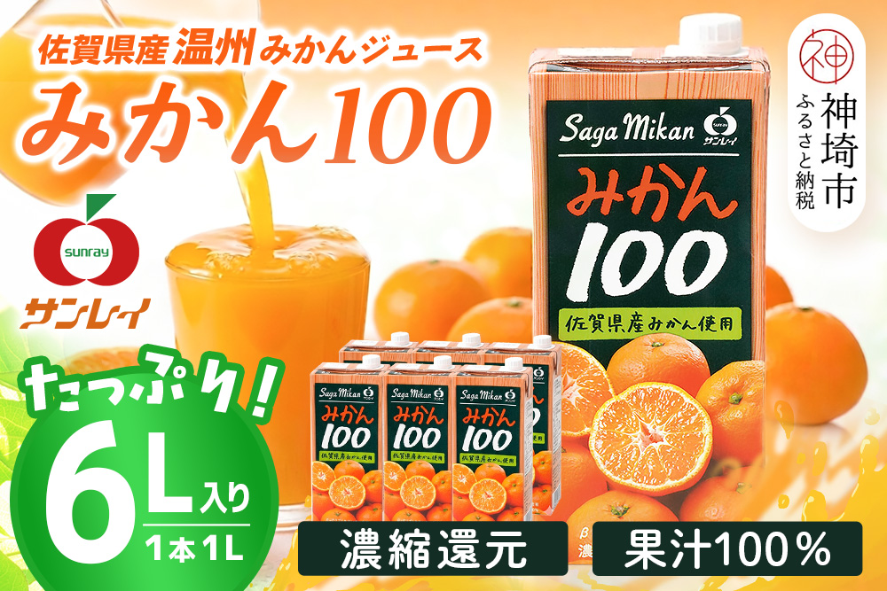 みかん100 1L×6本入り【みかんジュース 蓋付 天然 果汁100％】(H116234)