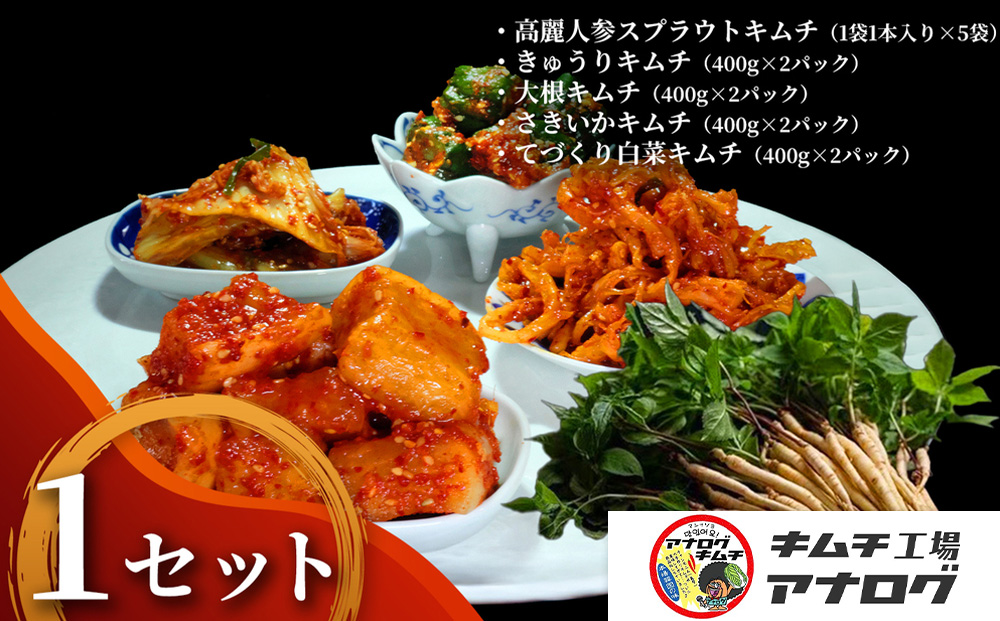 5種の本格キムチ食べ比べ 4種のキムチ(各400g×2パック)＋スプラウトキムチ(1本入り×5袋)【熟成秘伝 きゅうり 大根 カクテキ さきいか 白菜 キムチセット 国産 手づくり 発酵食品 ご飯のお供 詰め合わせ 九州産 手作り】(H104275)