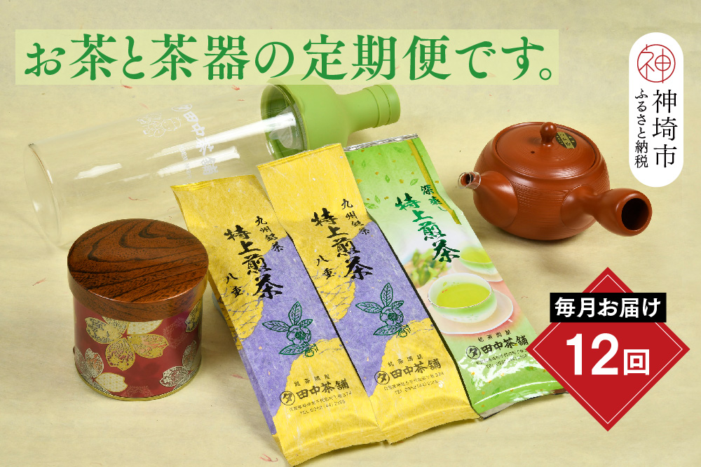 【毎月お届け12回】特上煎茶八重100g2本と季節の茶100g1本(急須付き) 【定期便 九州 お茶 緑茶 急須 フィルターインボトル 定期便】(H047113)