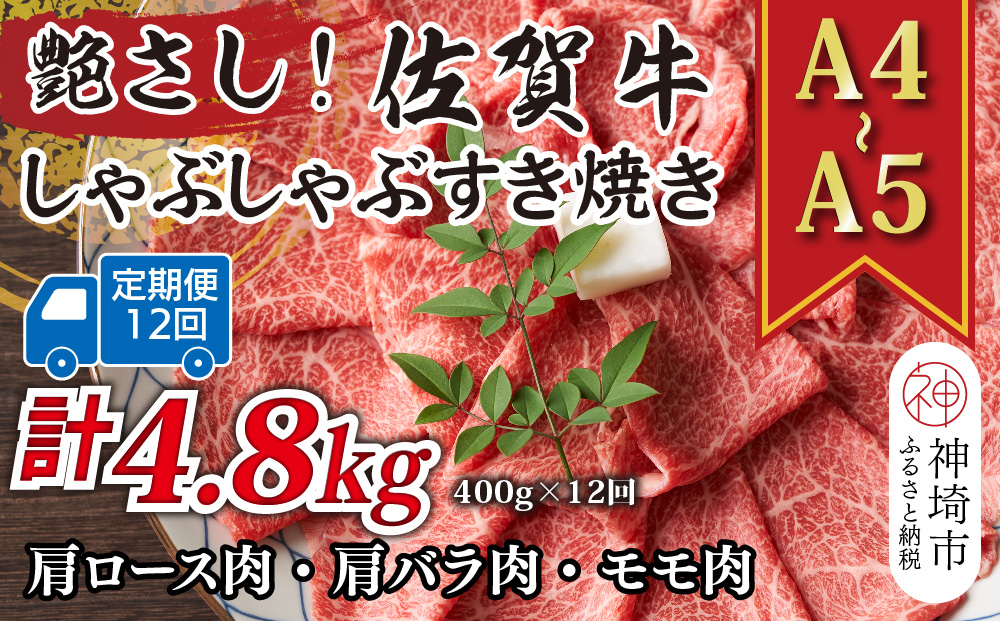 【12か月定期便】艶さし！【A4〜A5】佐賀牛しゃぶしゃぶすき焼き用(肩ロース肉・肩バラ・モモ肉) 400g×12回【肉 牛肉 ブランド牛 黒毛和牛 ふるさと納税】(H112290)