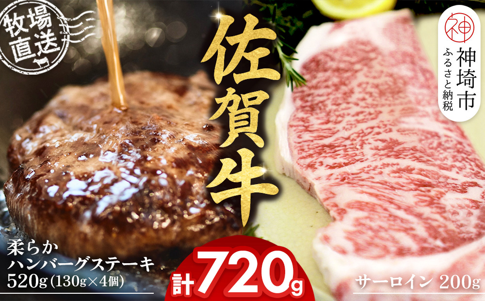 佐賀牛 サーロインステーキ200g×1枚計200g 柔らかハンバーグステーキ130g×4個計520g【佐賀牛 サーロイン ステーキ ハンバーグ 高級部位 赤身肉 霜降り】(H122129)