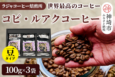 ジャコウネコ珈琲　コピ・ルアク 100g×3袋 合計300g【最高級豆 幻のコーヒー】(H070103)
