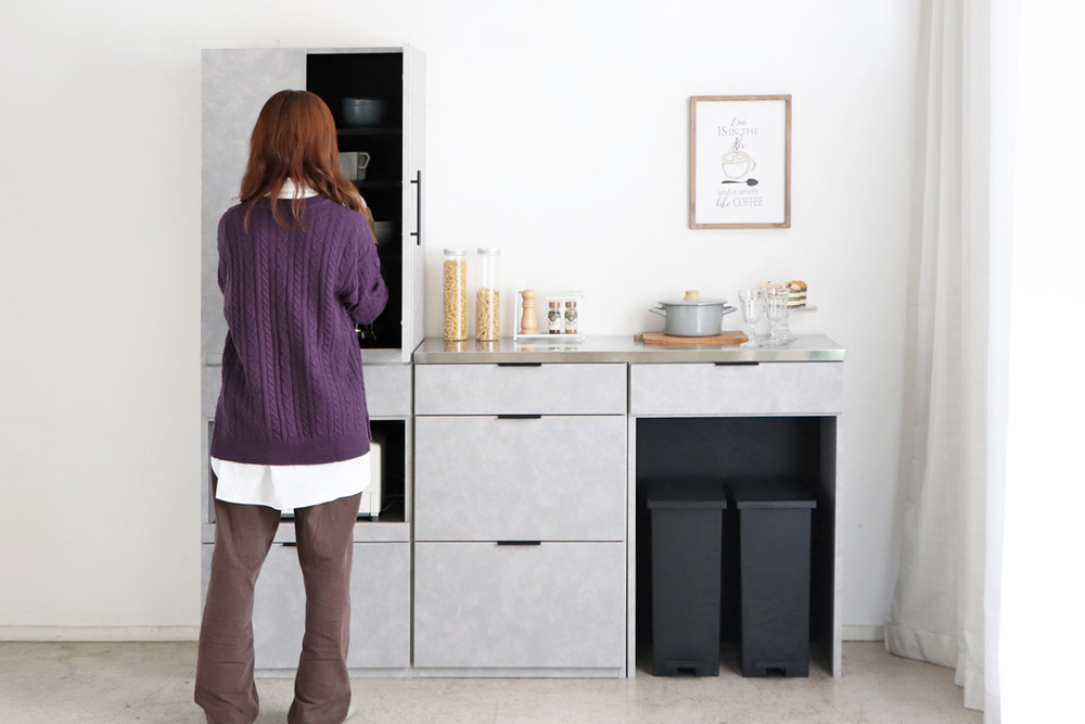 【東馬家具】モルタ_板戸+60ダスト引出+60チェスト+60OP引出+120天板ステン【キッチンカウンター キッチン リビング 収納 国産 シンプル ふるさと納税】(H060687)