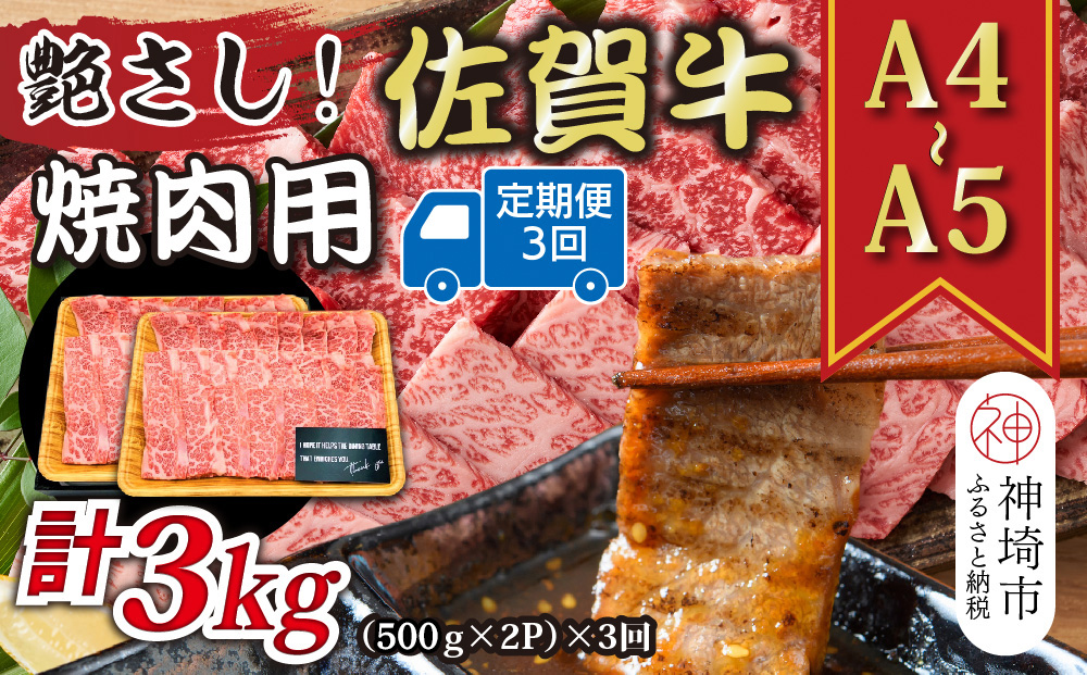 【3か月定期便】艶さし！【A4〜A5】佐賀牛焼肉用 1kg(500g×2P)×3回【肉 牛肉 ブランド牛 黒毛和牛 ふるさと納税】(H112169)