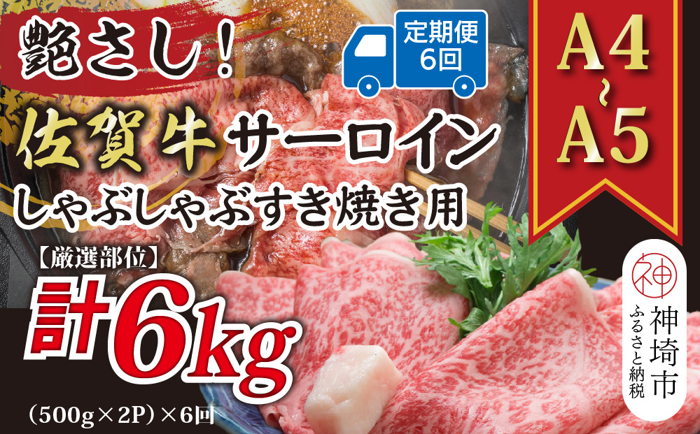 【6か月定期便】【厳選部位】【A4〜A5】佐賀牛サーロインしゃぶしゃぶすき焼き用 1kg(500g×2P)×6回【肉 牛肉 ブランド牛 黒毛和牛 お祝い ご褒美 ふるさと納税】(H112209)