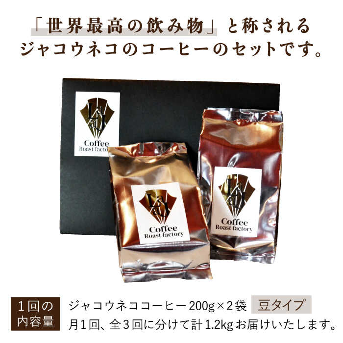 【全3回定期便】【豆タイプ】ジャコウネココーヒー200g×2（400g）3回合計1.2kg 吉野ヶ里町/ラジャコーヒー [FBR058]