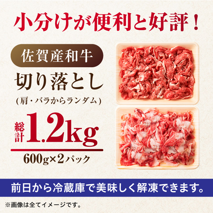 【不揃い訳あり・部位おまかせ】佐賀産和牛 切り落とし 肩orバラ 計1.2kg（600g×2） 吉野ヶ里町 [FDB001]