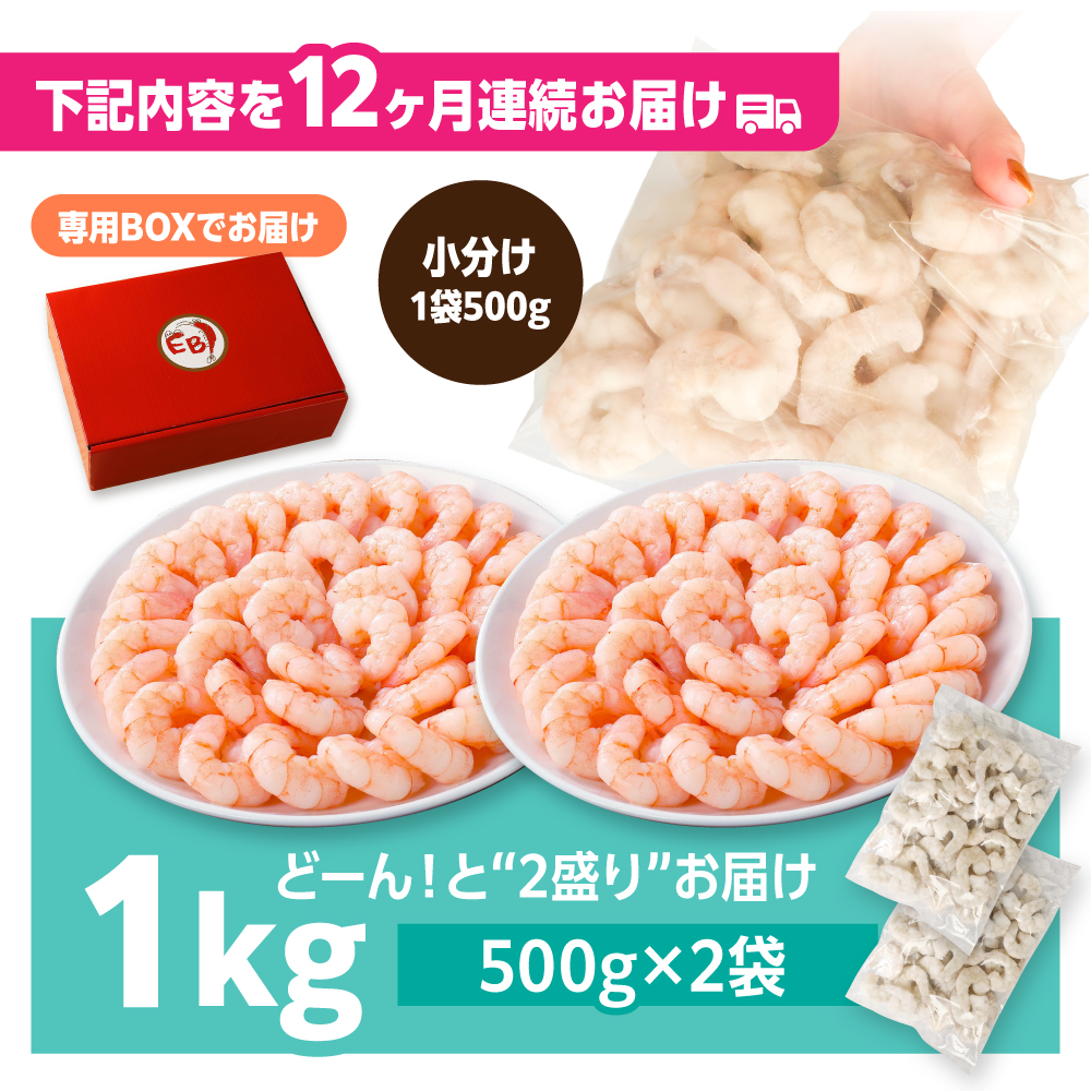 【全12回定期便】背ワタ除去済み！ぷりぷりむきえび 計12kg（500g×2袋×12回）吉野ヶ里町/EBI研究所 [FDE004]