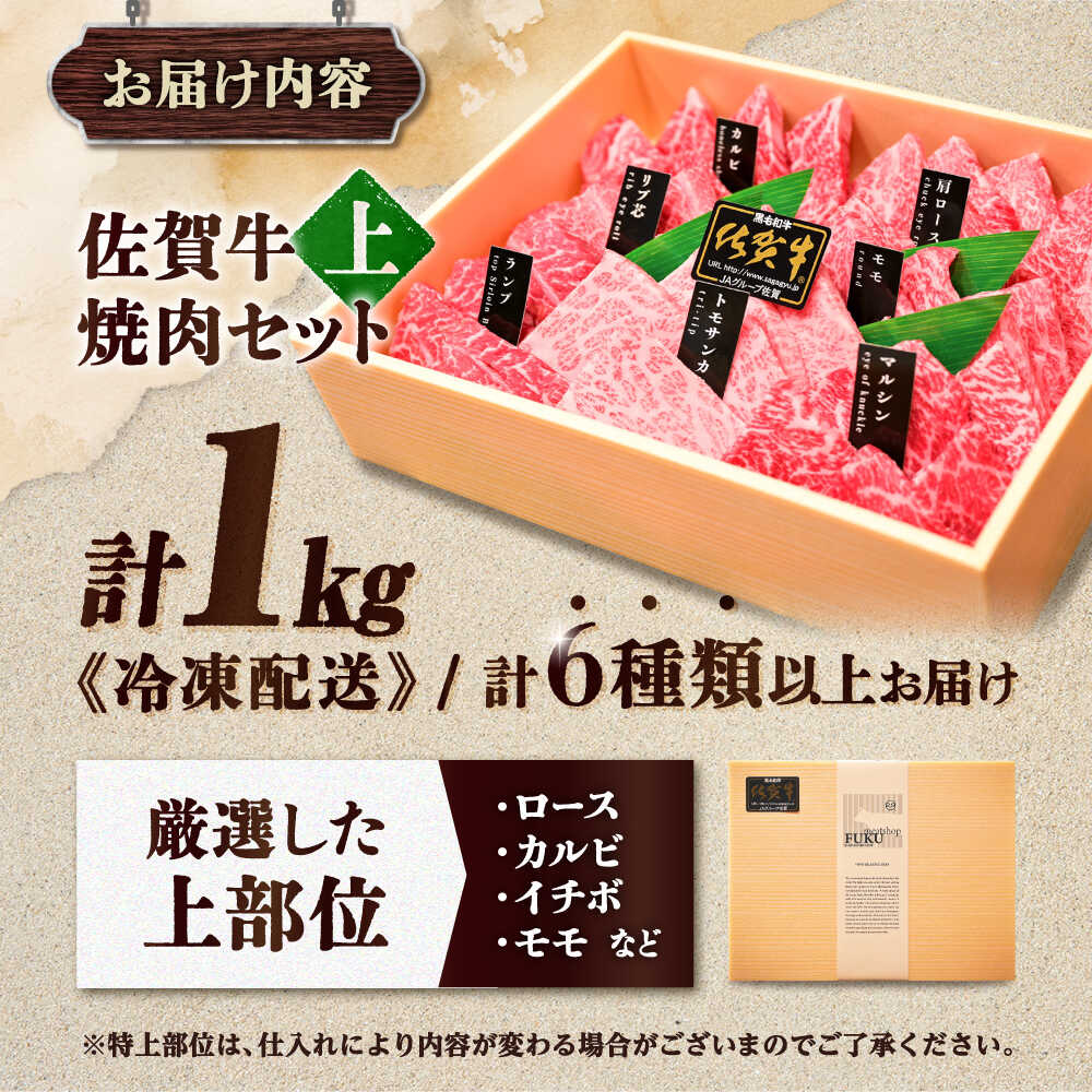 【木箱入り】佐賀牛 焼肉 盛り合わせ（上盛り）A4～A5ランク 約1kg 吉野ヶ里町/meat shop FUKU [FCX032]