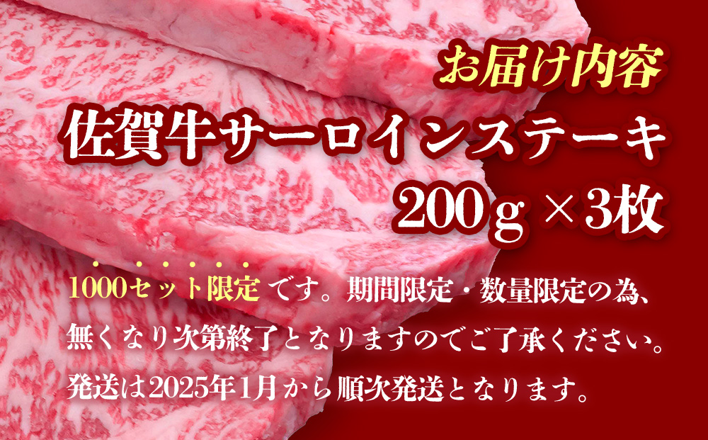 【期間限定特別価格・数量限定】佐賀牛サーロインステーキ200g×3枚【2025年1月より順次発送】B-J030047