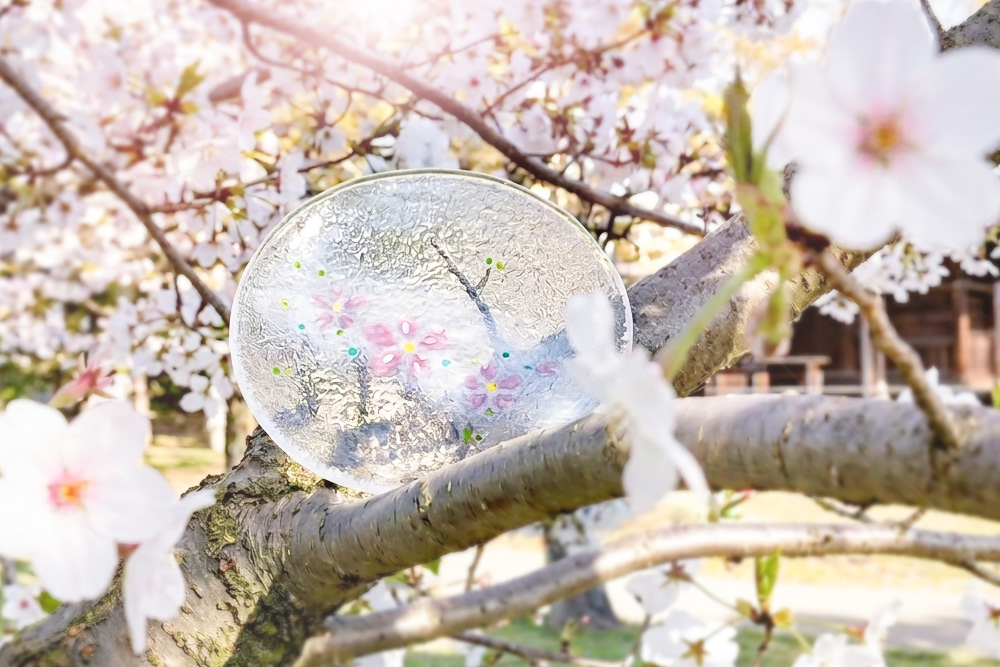 桜の器 長皿・丸皿2枚の3点セット【ガラス皿 サラダ フルーツ デザート スイーツ アイス 透明感 花柄 おもてなし ハンドメイド】K003149