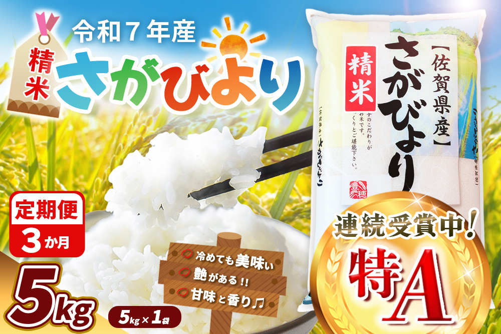 【令和7年産米】【3カ月定期便】さがびより 5kg【特A米 米 ブランド米 県産米 精米 ごはん おにぎり お弁当 ふっくら もっちり kome okome】K018369