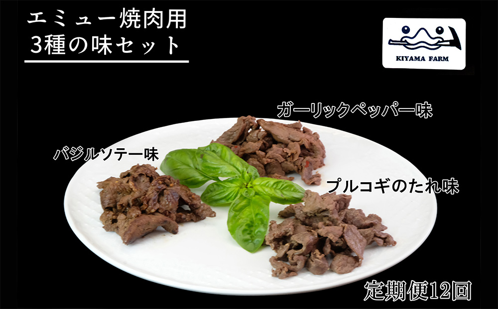 【12か月定期便】エミュー焼肉用3種の味セット【エミュー 基山産 高タンパク 高鉄分 低カロリー ヘルシー ジビエ 貴重肉 鉄分補給】JD6-J006304