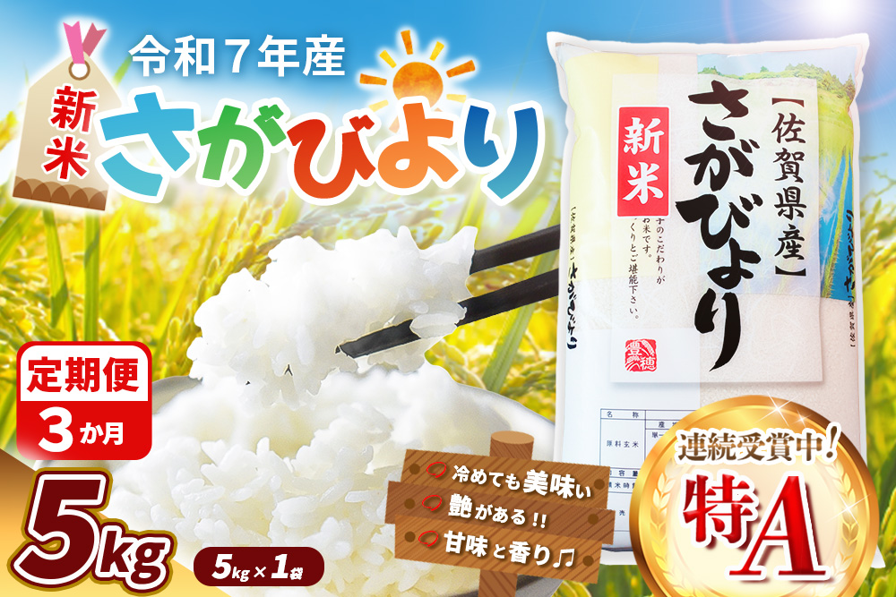 【令和7年産新米】【3カ月定期便】さがびより 5kg【特A米 米 ブランド米 県産米 精米 ごはん おにぎり お弁当 ふっくら もっちり kome okome shinnmai shinmai】K018369