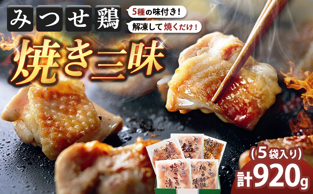 佐賀県産みつせ鶏 焼き三昧(5種)【焼き鳥 酒の肴 居酒屋 おつまみ 飲み会 塩焼 柚子胡椒焼き 黒胡椒焼き 七味焼き 塩こうじ漬け 低脂質 ヘルシー 旨味成分 柔らか 歯ごたえ】K059045