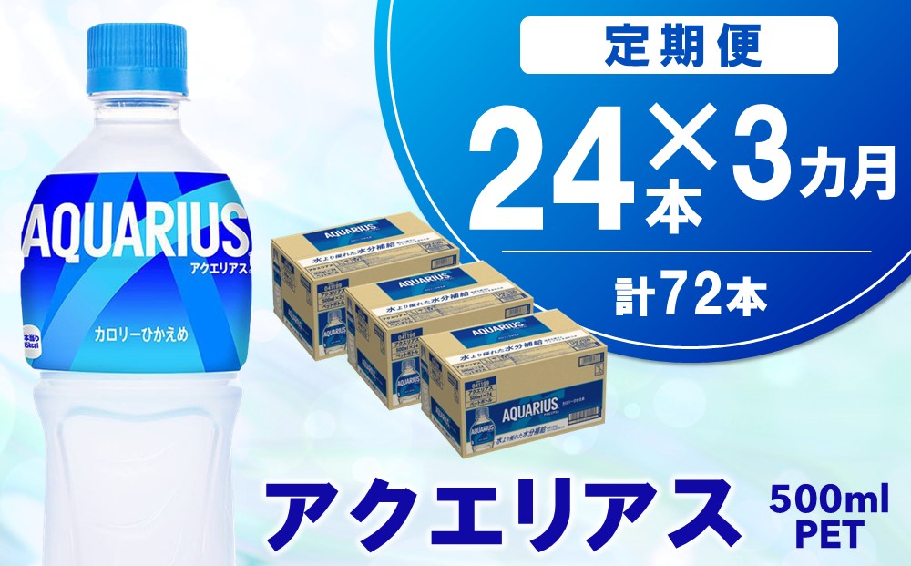 【3か月定期便】アクエリアス 500mlPET×24本【コカコーラ 熱中症対策 スポーツ飲料 スポーツドリンク 水分補給 カロリーオフ ペットボトル 健康 スッキリ ミネラル アミノ酸 クエン酸 リフレッシュ 常備 保存 買い置き】B2-J090386