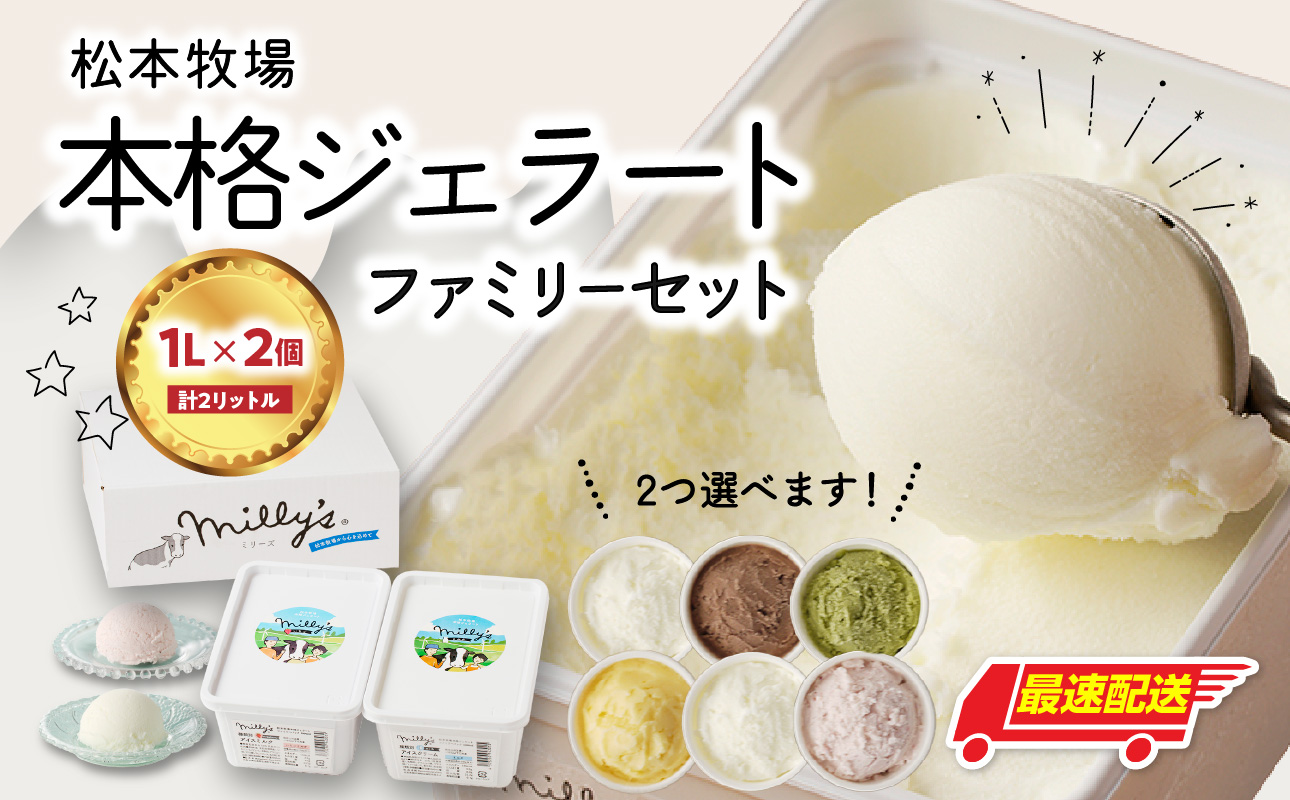 【お好みのフレーバー選べます！】松本牧場　本格ジェラートファミリーセット（1リットル×2個　計2リットル）