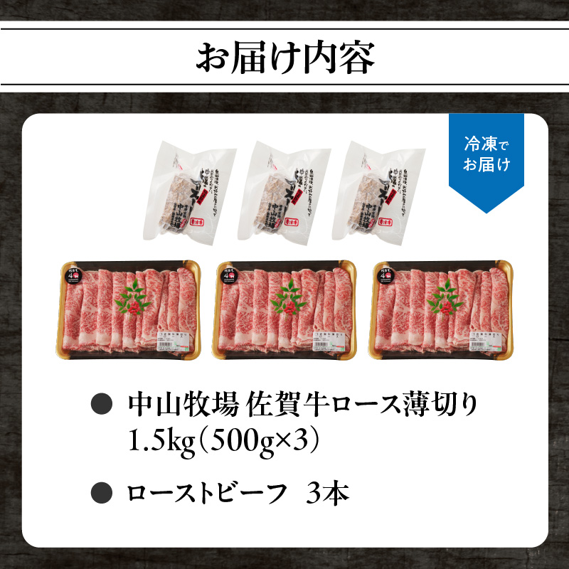 【最速配送】佐賀牛ロース薄切り 1.5kg（500g×3パック）+ ［数量限定］佐賀牛ローストビーフ 3本 ／ 中山牧場 直送 牛肉 佐賀牛 霜降り スライス リブロース サーロイン 薄切り しゃぶしゃぶ すき焼き A4 A5 a4 a5 黒毛和牛 佐賀県産和牛 ブランド牛 肉 お肉 国産 佐賀県 玄海町 冷凍 人気 おすすめ