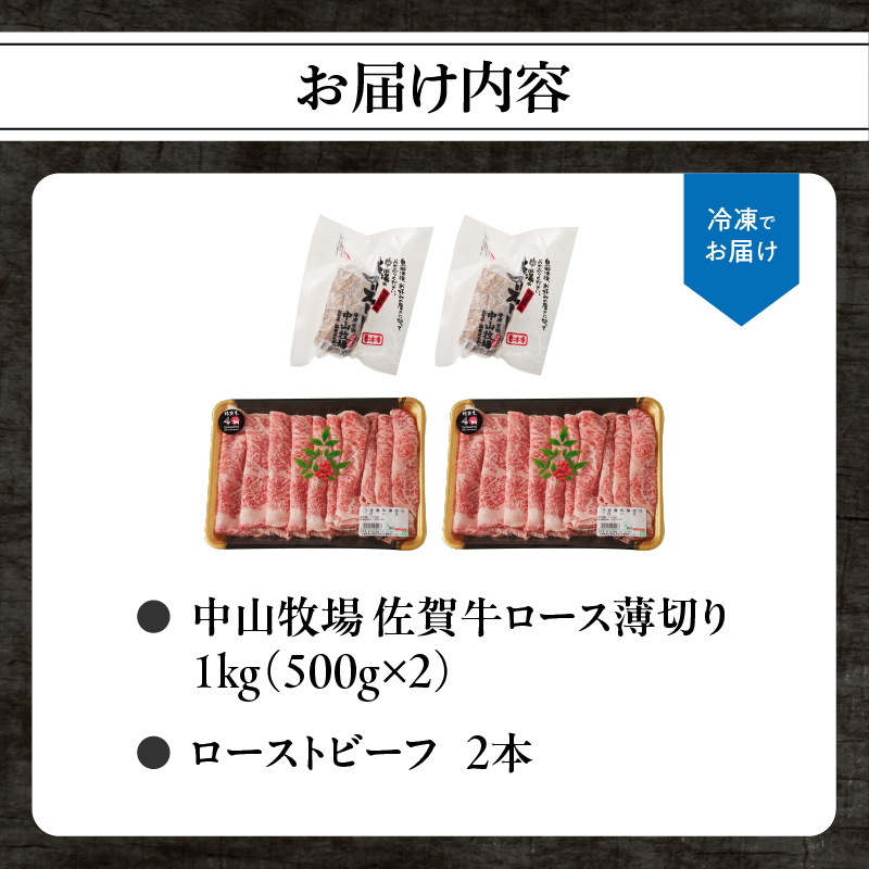 【最速配送】佐賀牛ロース薄切り 1kg（500g×2パック）+ ［数量限定］佐賀牛ローストビーフ 2本 ／ 中山牧場 直送 牛肉 佐賀牛 霜降り スライス リブロース サーロイン 薄切り しゃぶしゃぶ すき焼き A4 A5 a4 a5 黒毛和牛 佐賀県産和牛 ブランド牛 肉 お肉 国産 佐賀県 玄海町 冷凍 人気 おすすめ