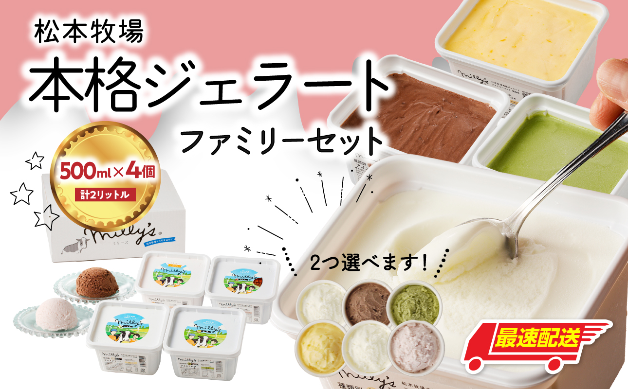 【お好みのフレーバー選べます！】松本牧場　本格ジェラートファミリーセット（500ml×4個　計2リットル）